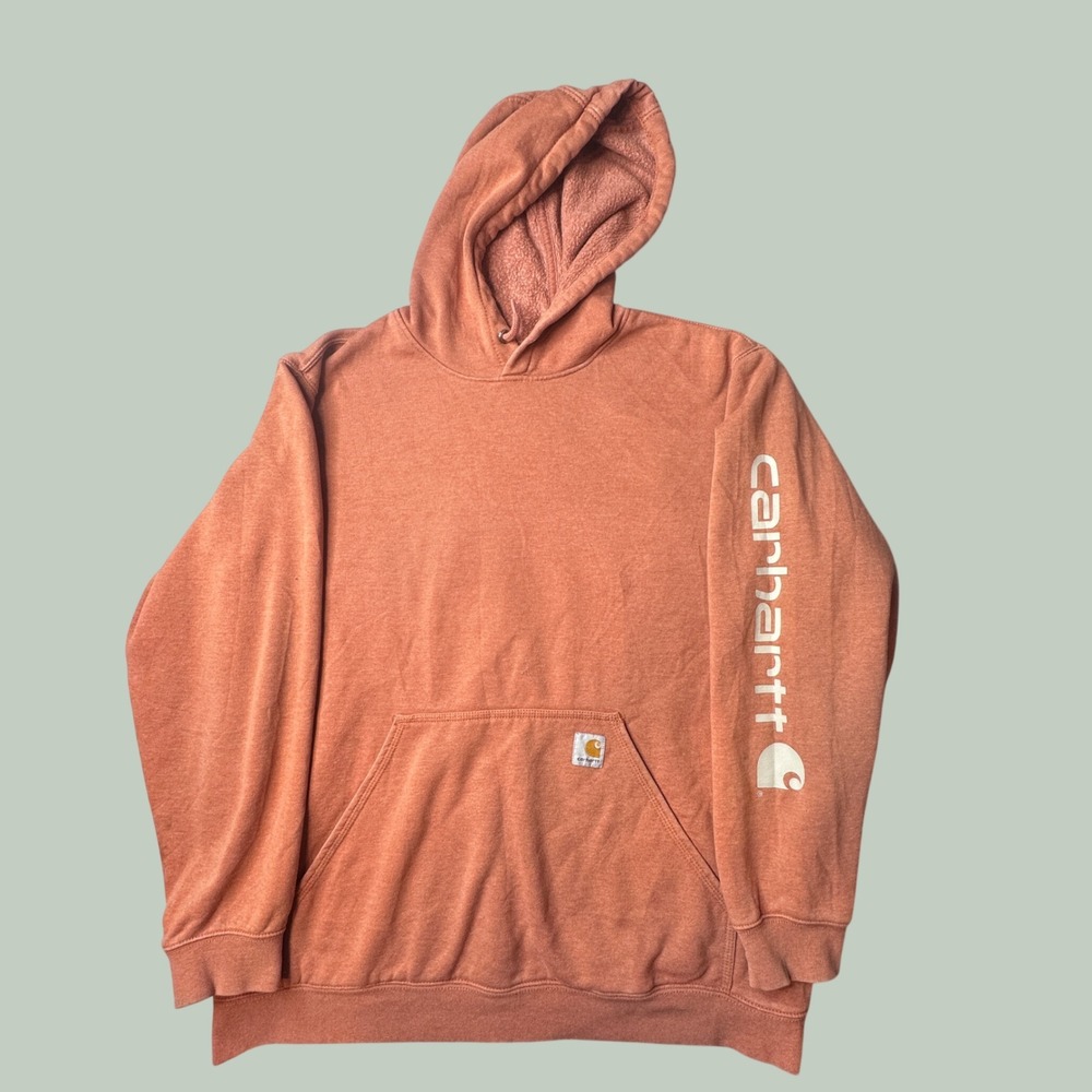 Carhartt Hoodie Mens XL Loose Fit Orange Sleeve Logo Pullover Outdoor Workwear